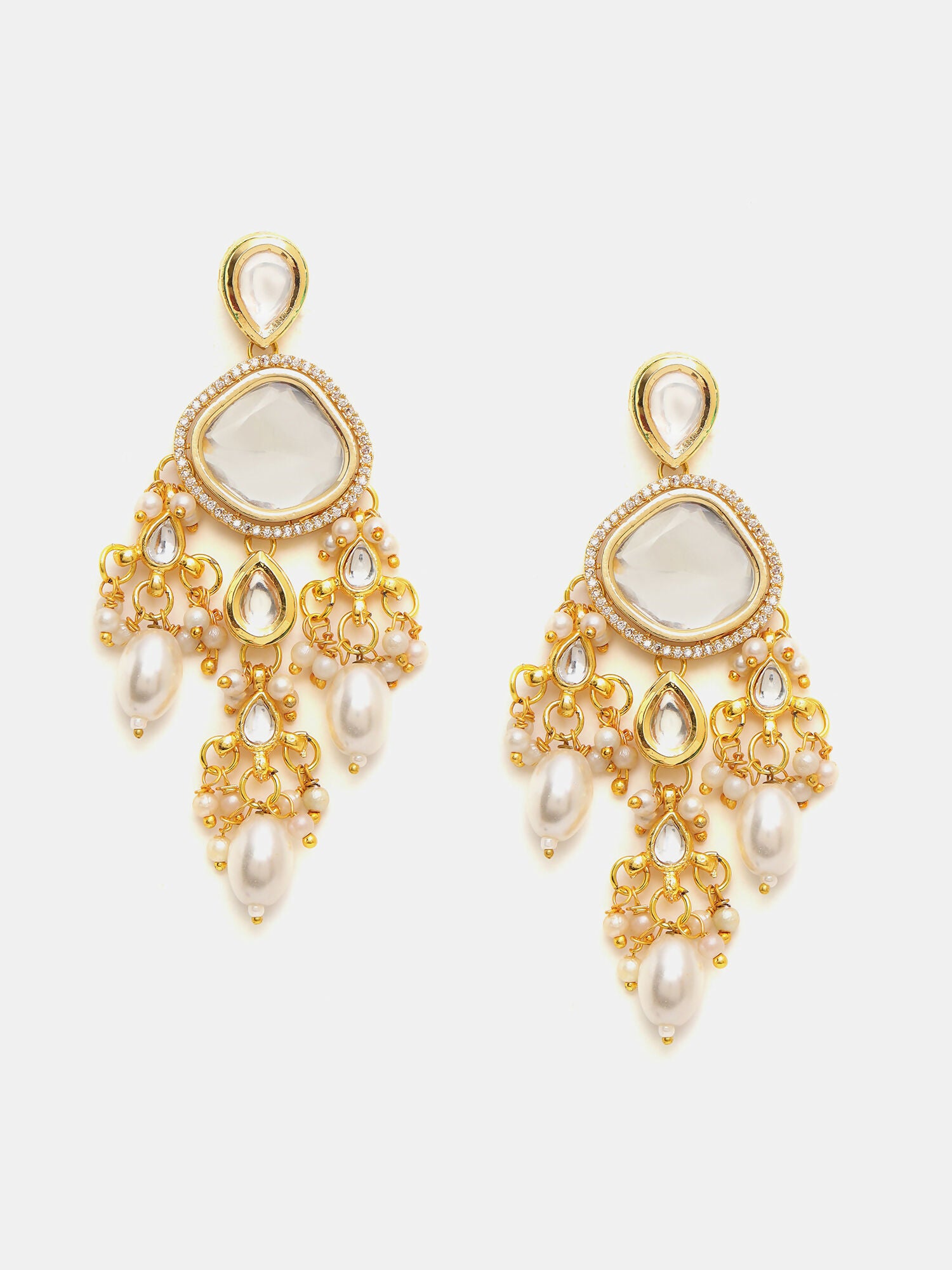 Ruby Raang 22k Gold Polished Kundan Earrings With Pearls