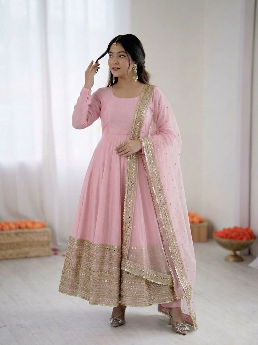 Teeya Creation Womens New Pastel Pink Solid Anarkali Kurta With Heavy Embroidered Border Gown Set - Dista
