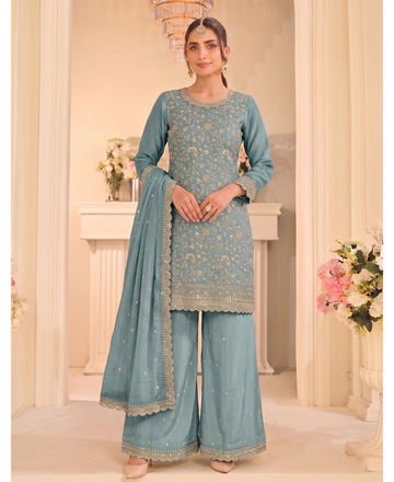 KC Sky Blue Vichitra Silk Palazzo Suit For Women Festival Wear - Dista