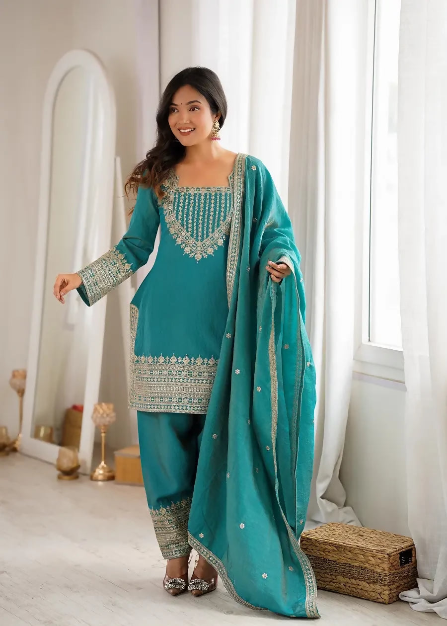 Teeya Creation Rama Green Embroidered Short Kurti with Farshi Pant and Dupatta Set