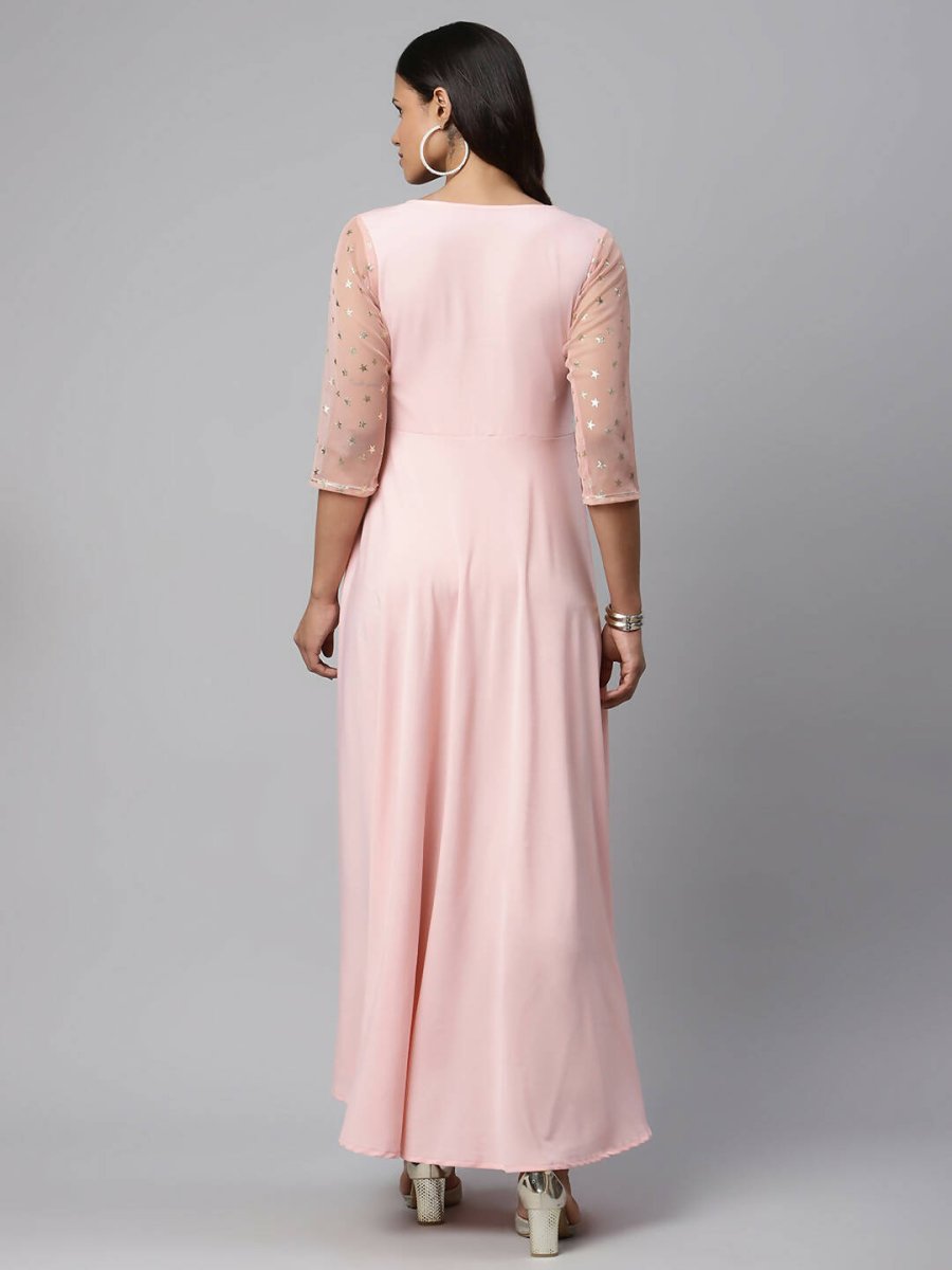 Ahalyaa Women Pink Crepe & Net Foil Print Dress - Distacart