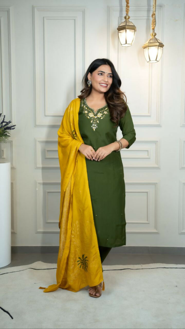 Preksha Creation Premium Mehendi Roman Silk Embroidery Kurti Pant Dupatta Set