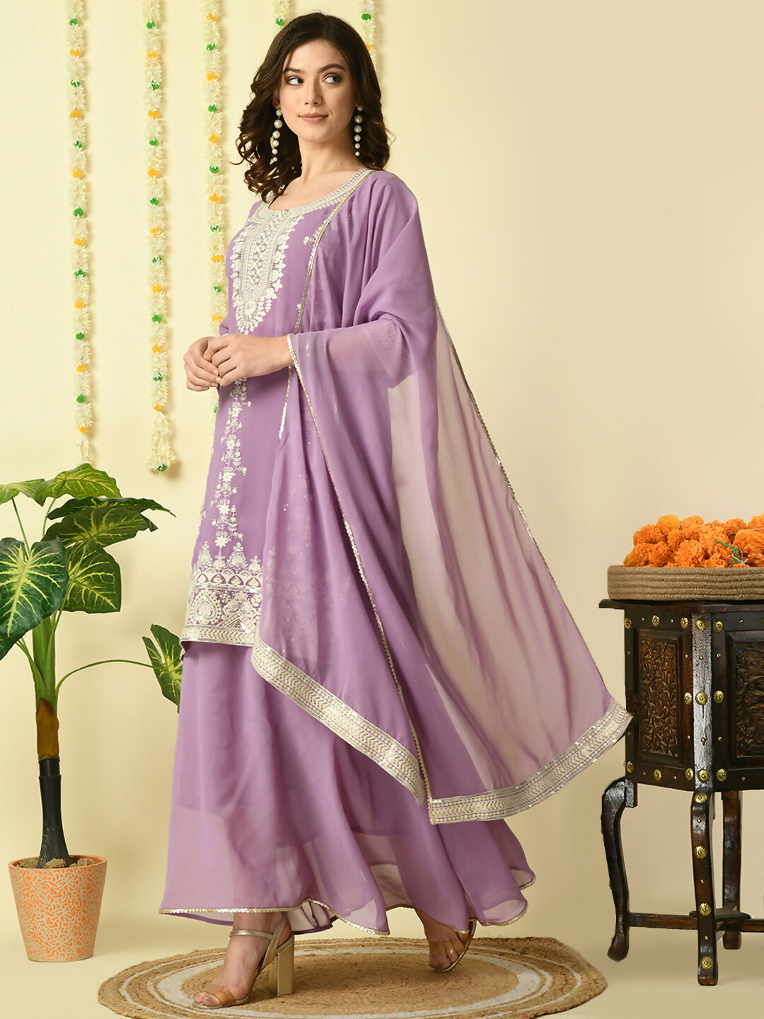 Myshka Women's Purple Georgette Kurta & Skirt With Dupatta Party Sets - Distacart