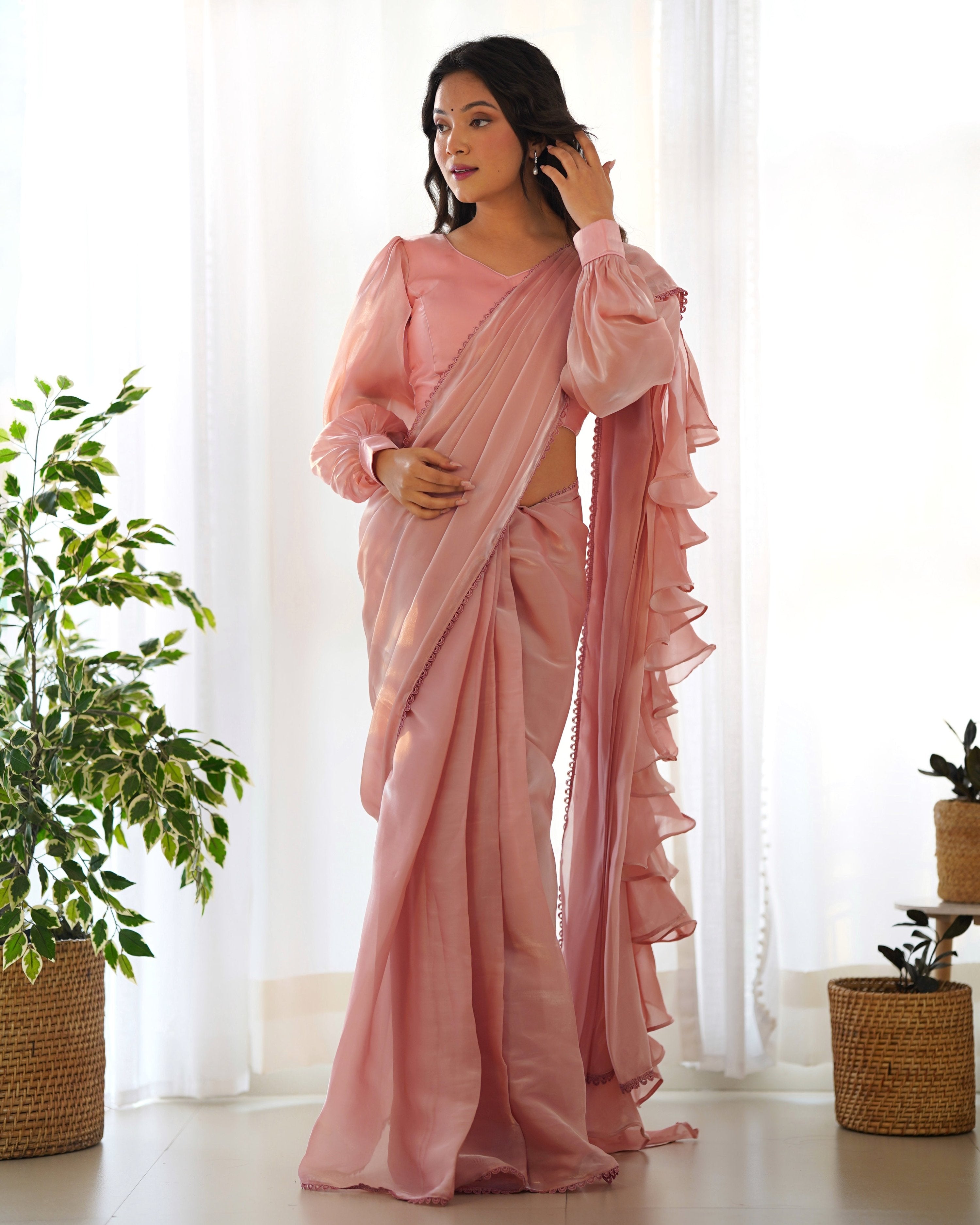 Teeya Creation Peach Color Zimichhu Silk Fully Stitched Ready To Wear Saree - Distacart