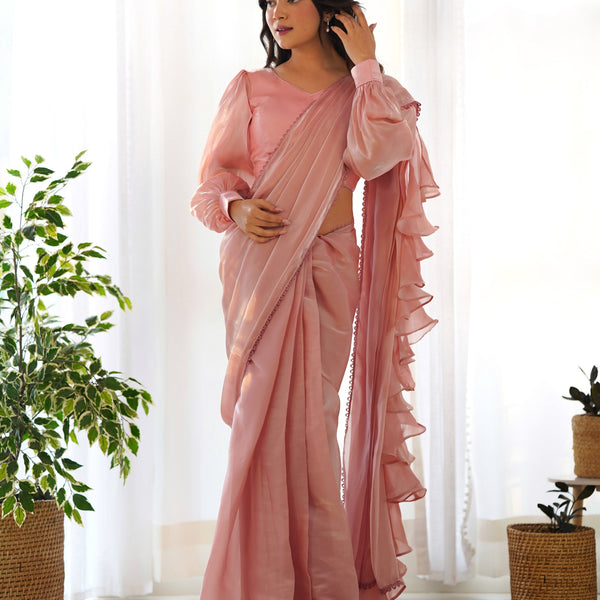 Teeya Creation Peach Color Zimichhu Silk Fully Stitched Ready To Wear Saree - Distacart