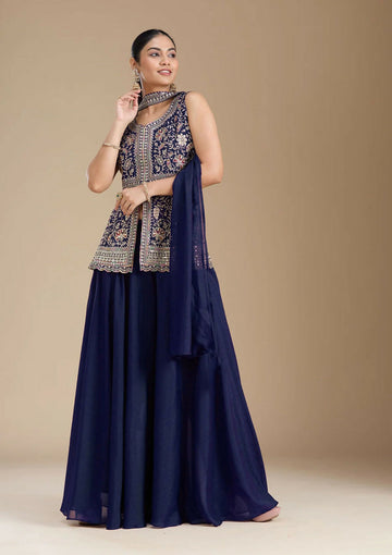 Teeya Creation Blue Color Star Georgette Party Wear Designer Peplum Sharara Set - Distacart