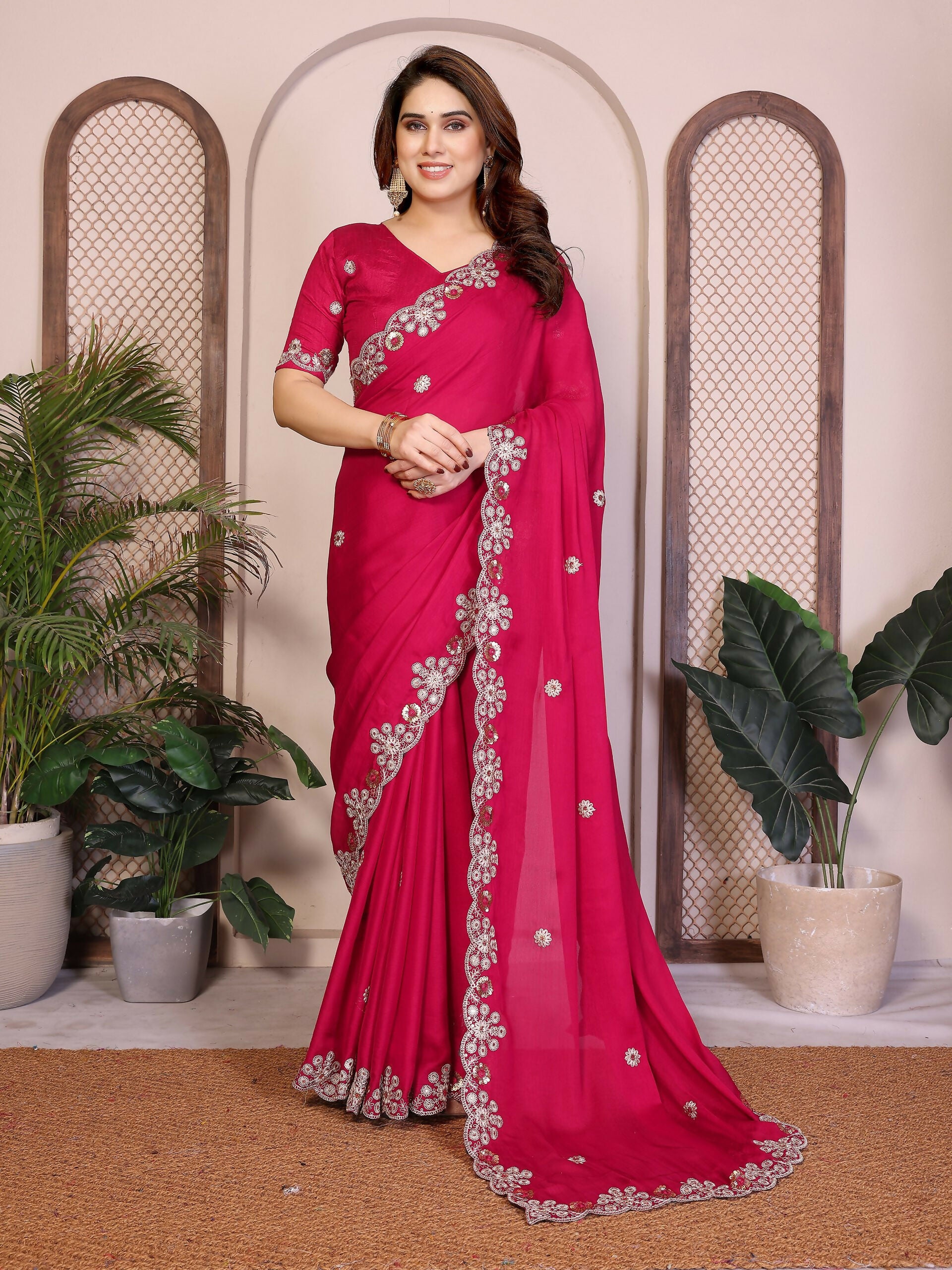 Teeya Creation New Trendy Party Wear Soft Satin Chiffon Saree-Pink - Dista