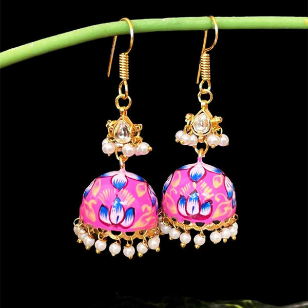Joban Fashion Pink Brass Meenakai Hand Painted Jhumka With Pachi Kundan Earring - Distacart