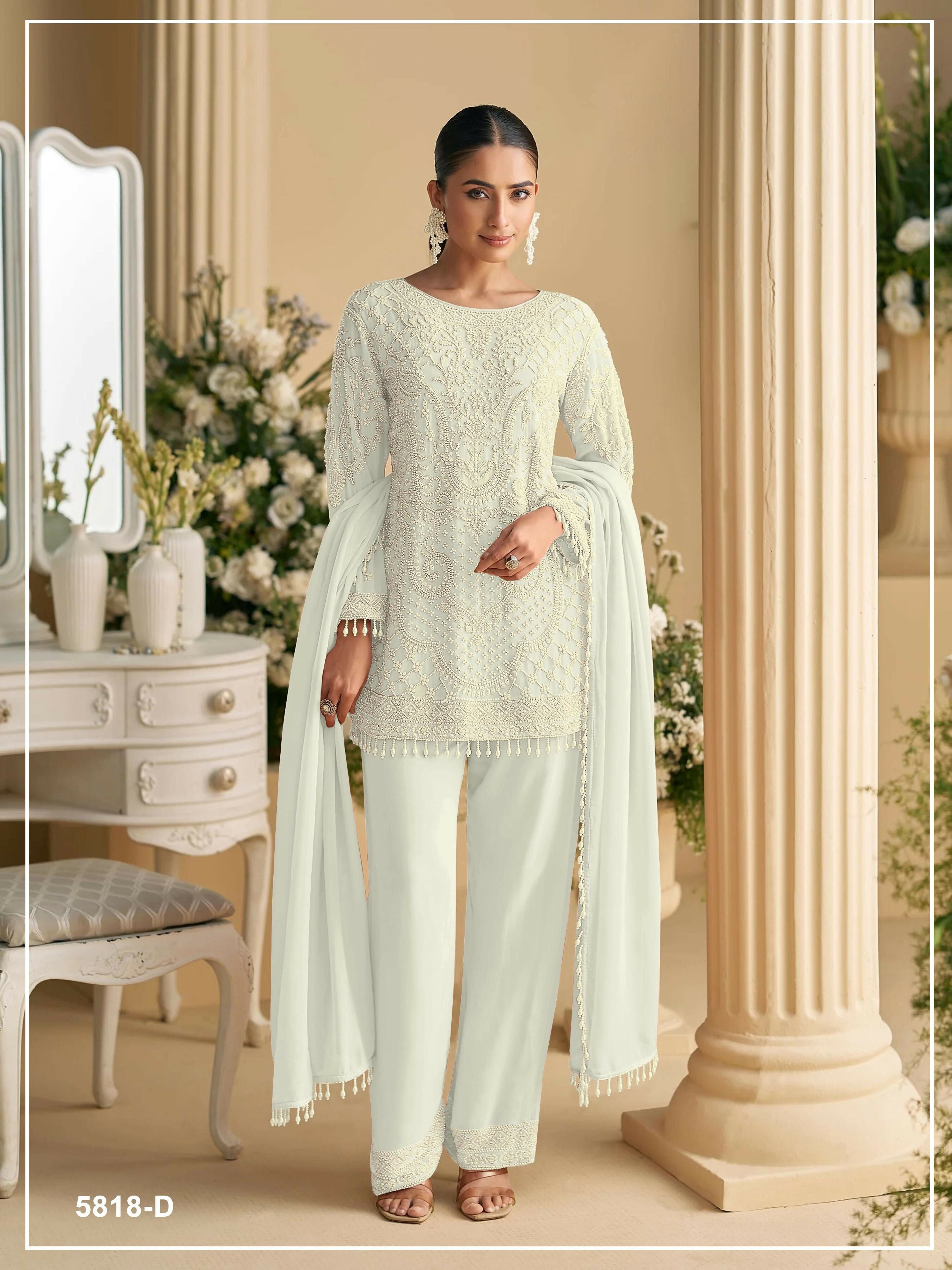 Anaita White Georgette Stitched Suit with Embroidered Beads & Sequence Work - Distacart