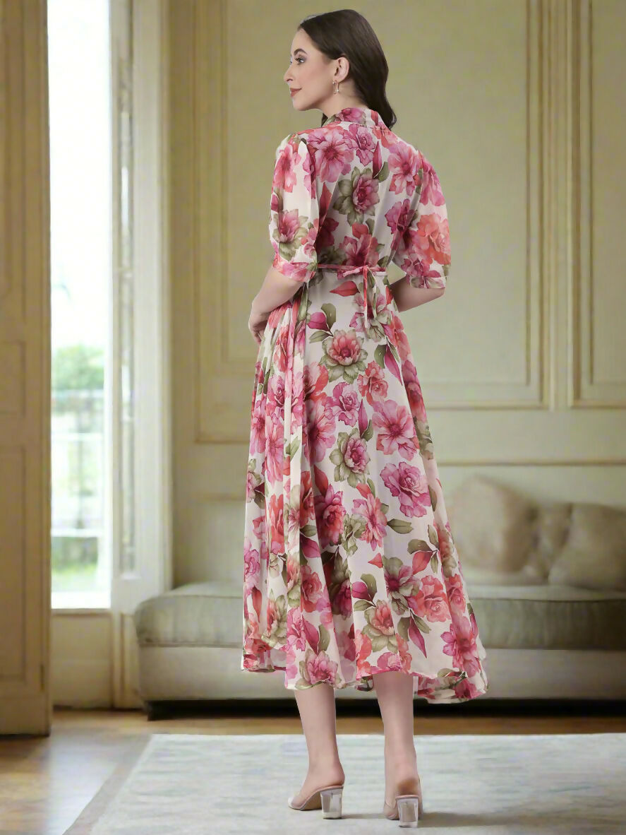 Souchii Cream Floral Chiffon Dress - Dista