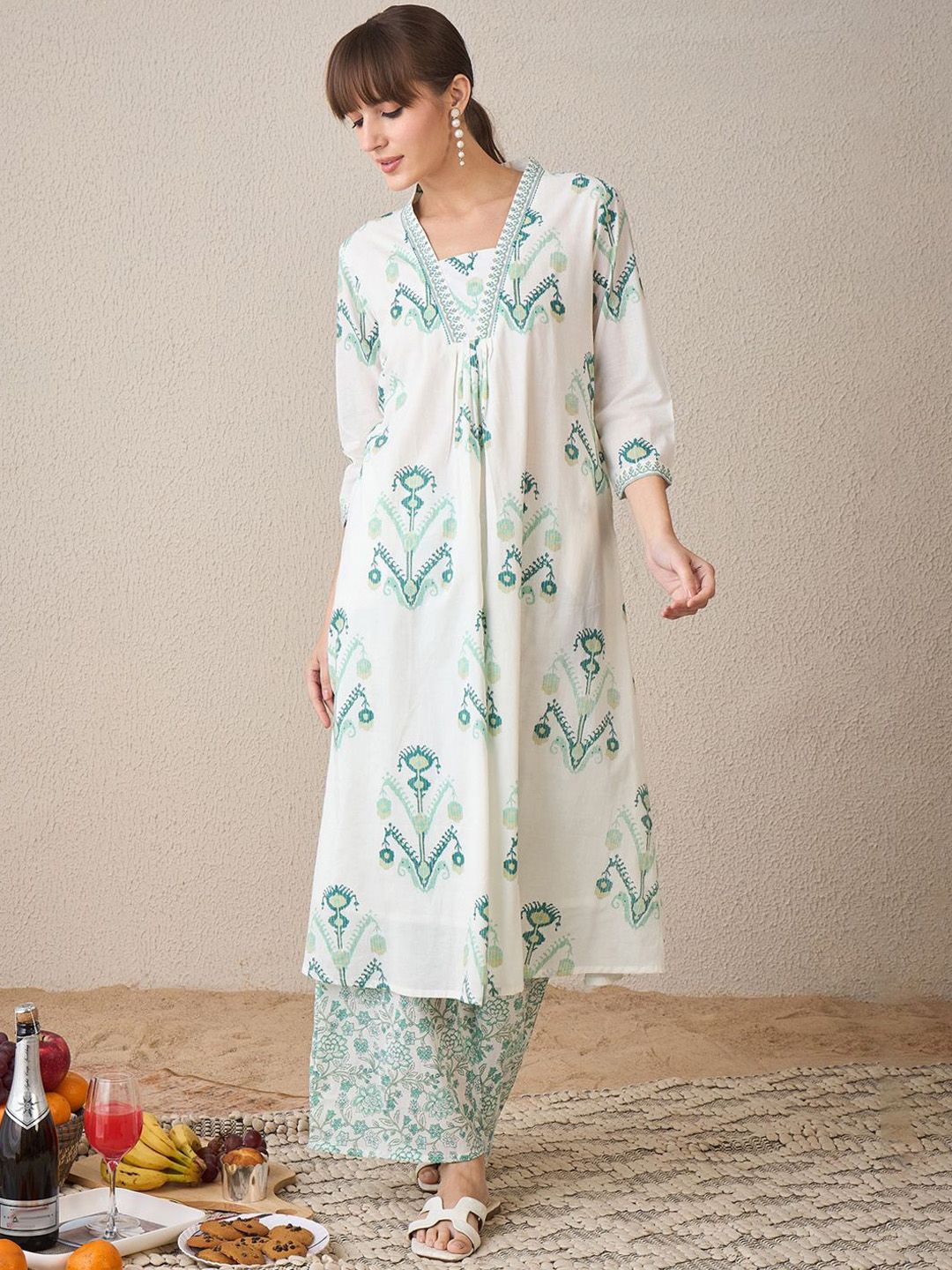 Indo Era Women Floral Printed Regular Sequinned Pure Cotton Kurta with Palazzos - Distacart