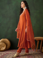 Thumbnail for Sangria Embroidered A-Line Kurta & Trousers With Dupatta