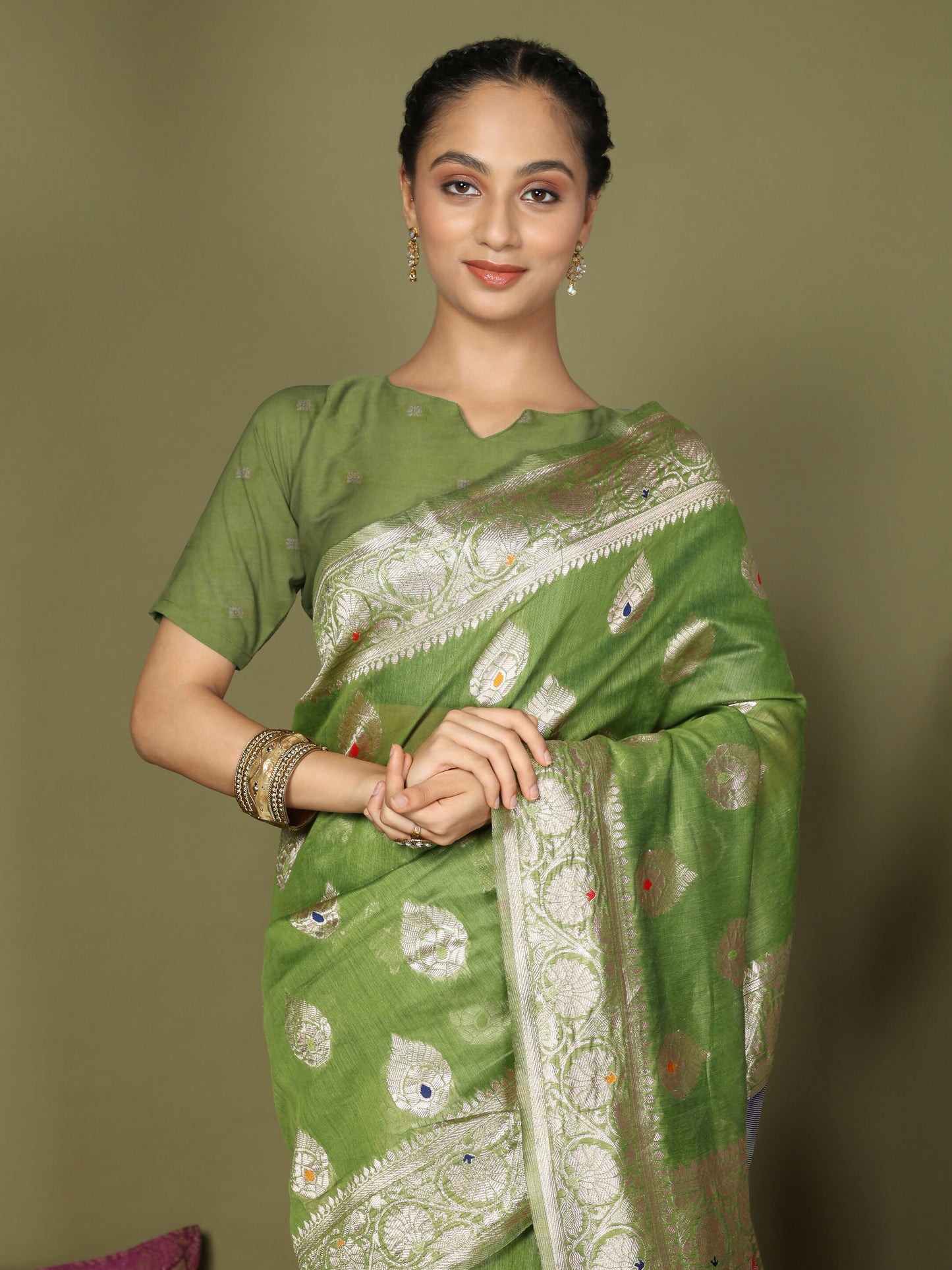 Shree Shyam Fashion Linen Cotton Green Saree - Distacart