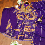 Thumbnail for Preksha Creation Georgette Women Suit Set With Intricate Hand Embroidery With Dupatta And Bottom - Purple - Distacart