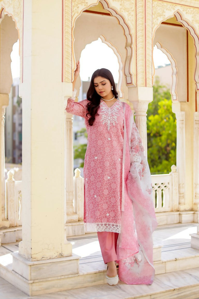 Vaasva Women Candy Pink Linen Printed Kurta, Pant & Dupatta set - Distacart