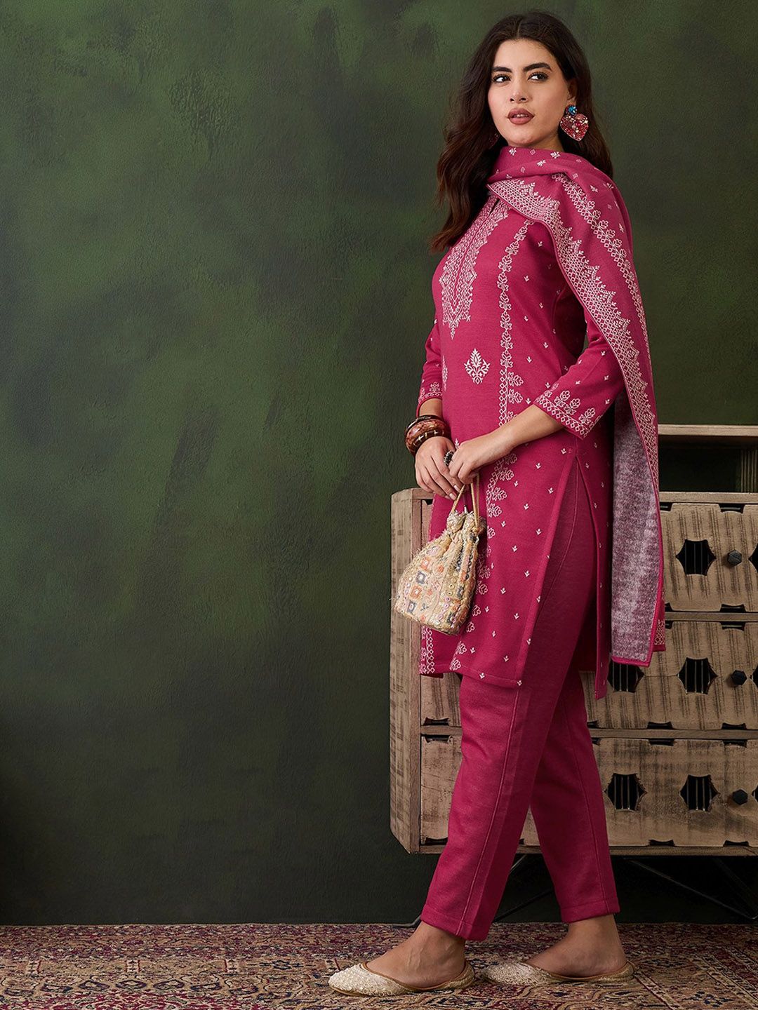Sangria Self-Designed Winter Kurta & Trousers With Dupatta