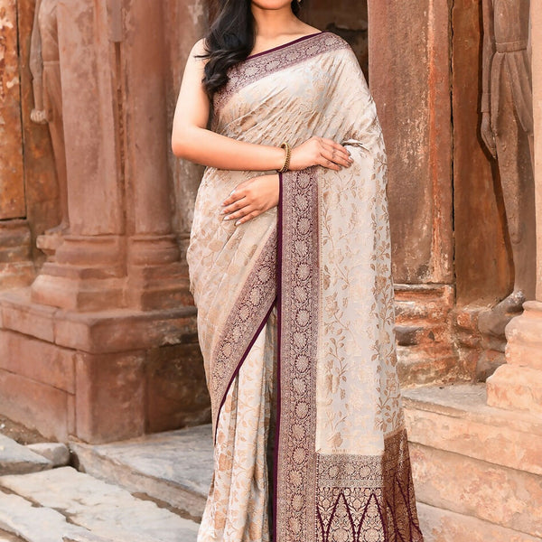 Joban Fashion Nude Grey Crepe Chiffon Pure Handloom Banarasi Silk Saree
