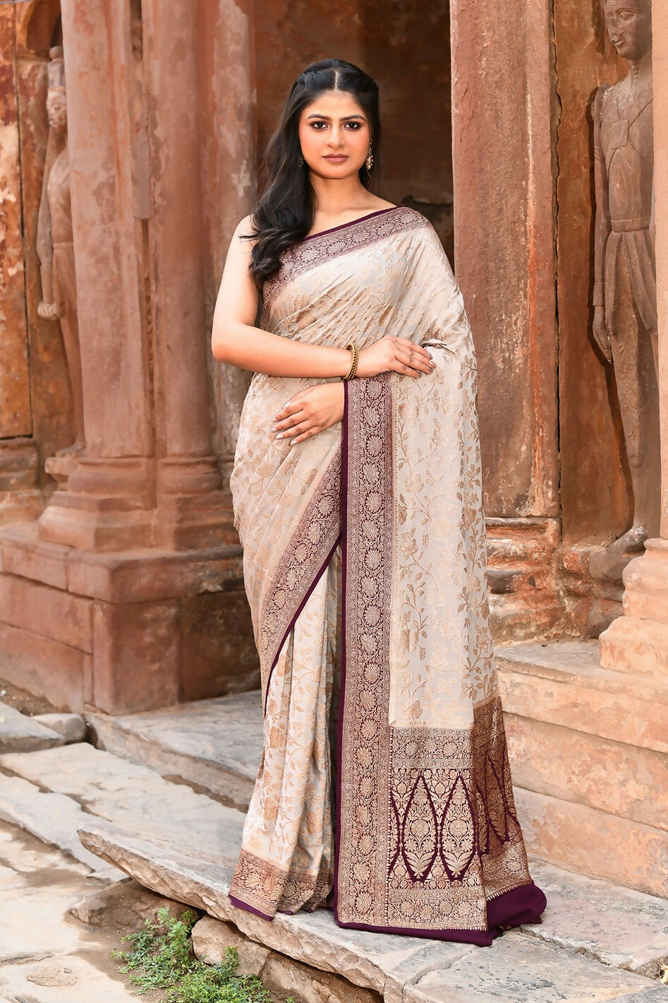 Joban Fashion Nude Grey Crepe Chiffon Pure Handloom Banarasi Silk Saree - Dista
