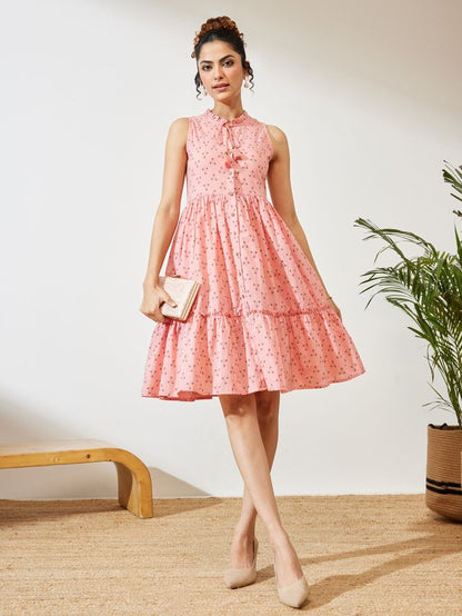 Janasya Peach Fit & Flare Cotton Dress - Dista