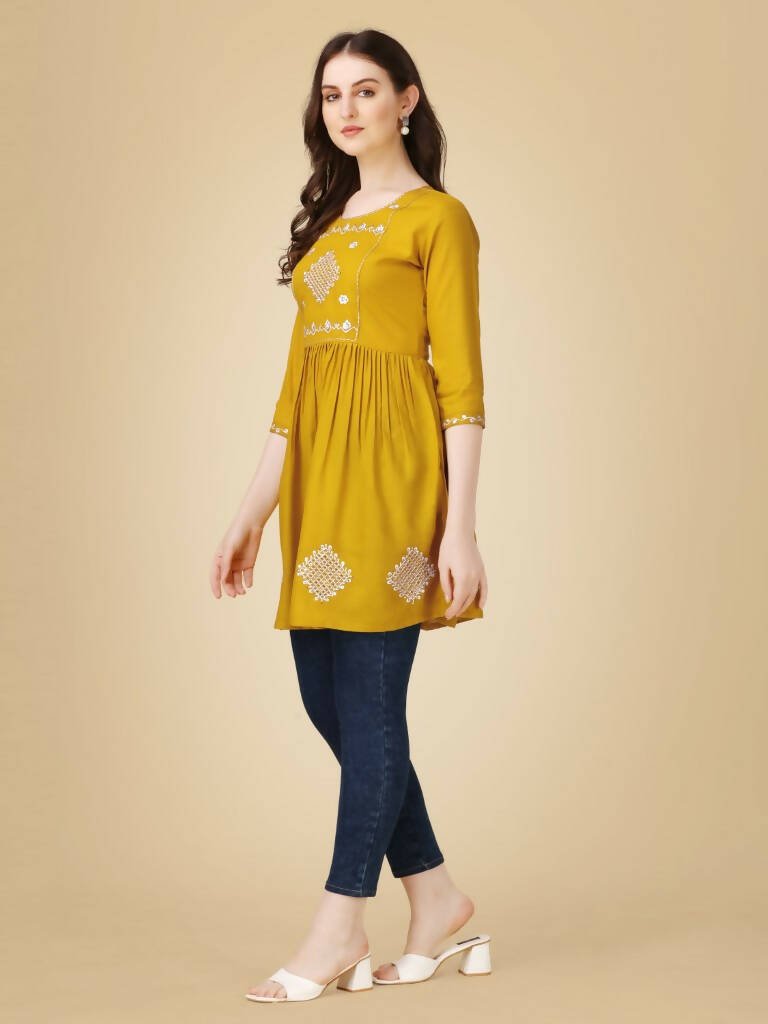 Aastha Fashion Women's Mustard Viscose Rayon Embroidered Casual Top - Distacart