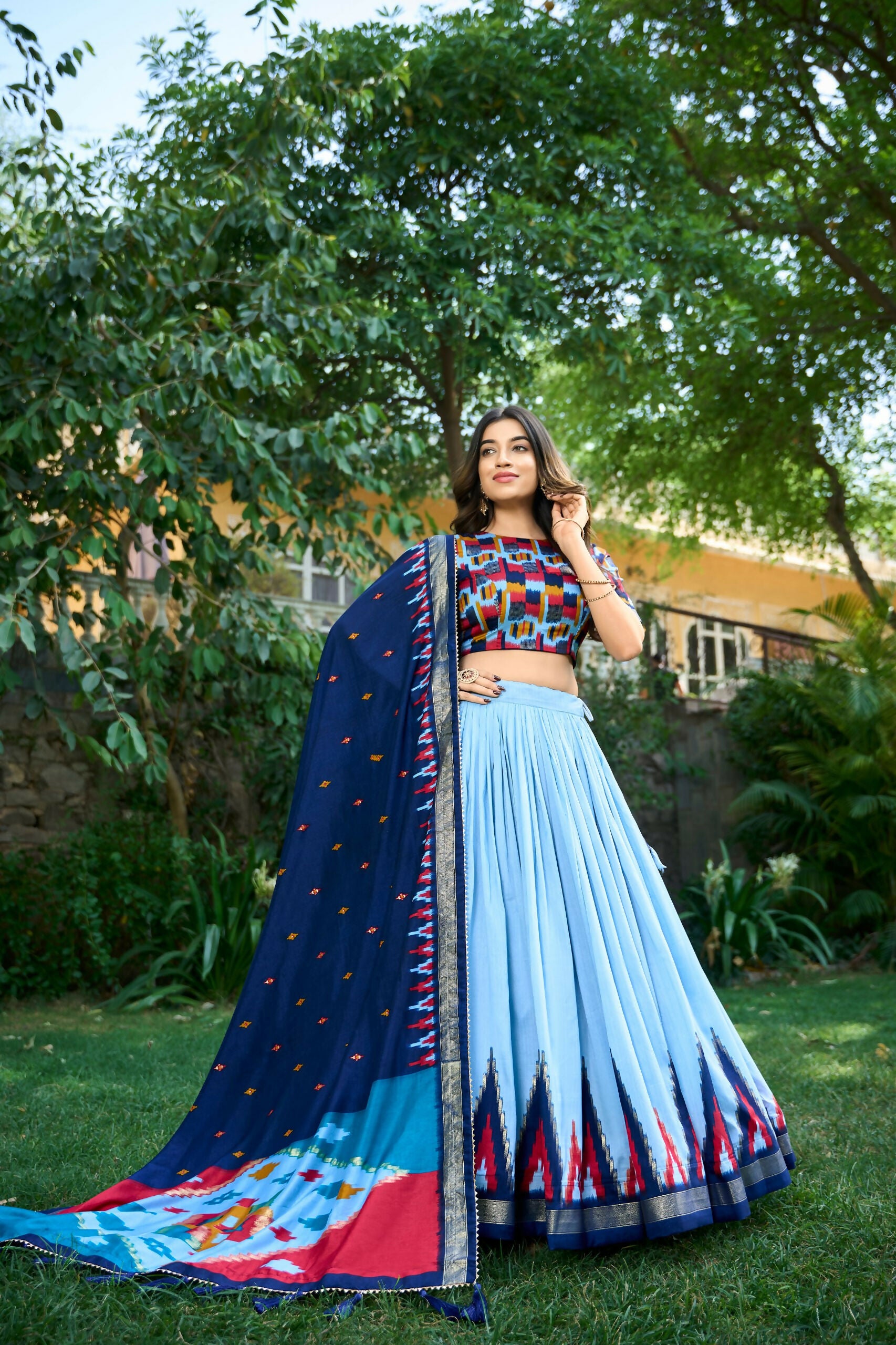 Vastranavya Luxurious Tussar Silk Print With Foil Work Lehenga Choli - Sky Blue - Distacart