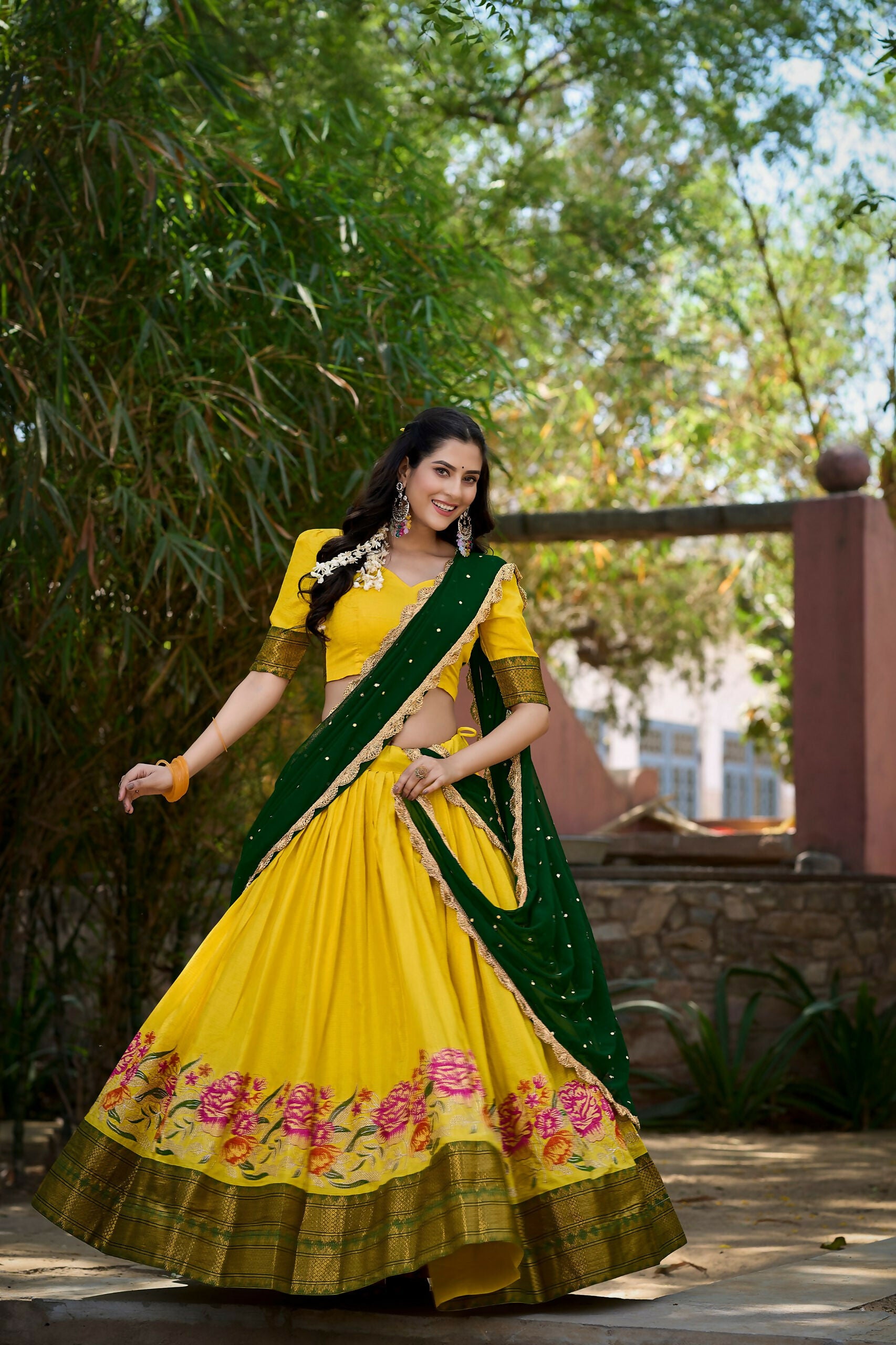 Vastranavya Stunning Cotton Silk Thread Embroidery Work Lehenga Choli - Yellow - Distacart
