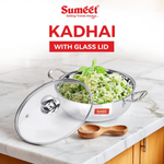 Thumbnail for Sumeet Stainless Steel Induction Bottom Kadhai with Glass Lid - Dista