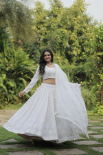 Thumbnail for Vastranavya Faux Georgette With Sequins & Thread Embroidered Work Lehenga Choli - White - Distacart