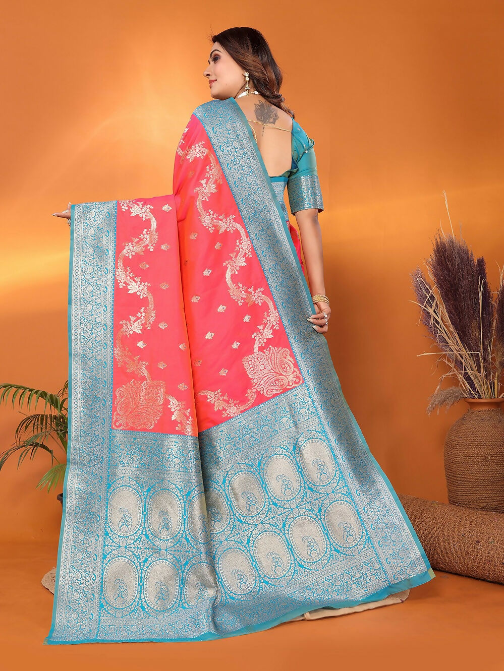 Joban Fashion Banarasi Tomato Red Woven Soft Silk Saree