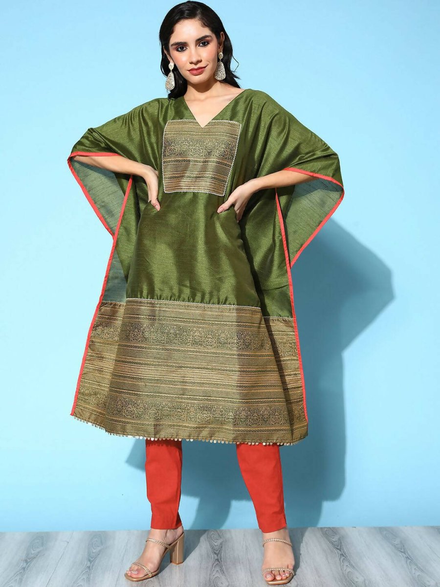 Ahalyaa Women Mehendi Poly Silk Gold Printed Kaftan Kurta - Distacart