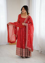 Thumbnail for The52 Women's Beautiful Embroidery Work Crunchy Silk Fabric Flared Anarkali and Dupatta Set - Distacart