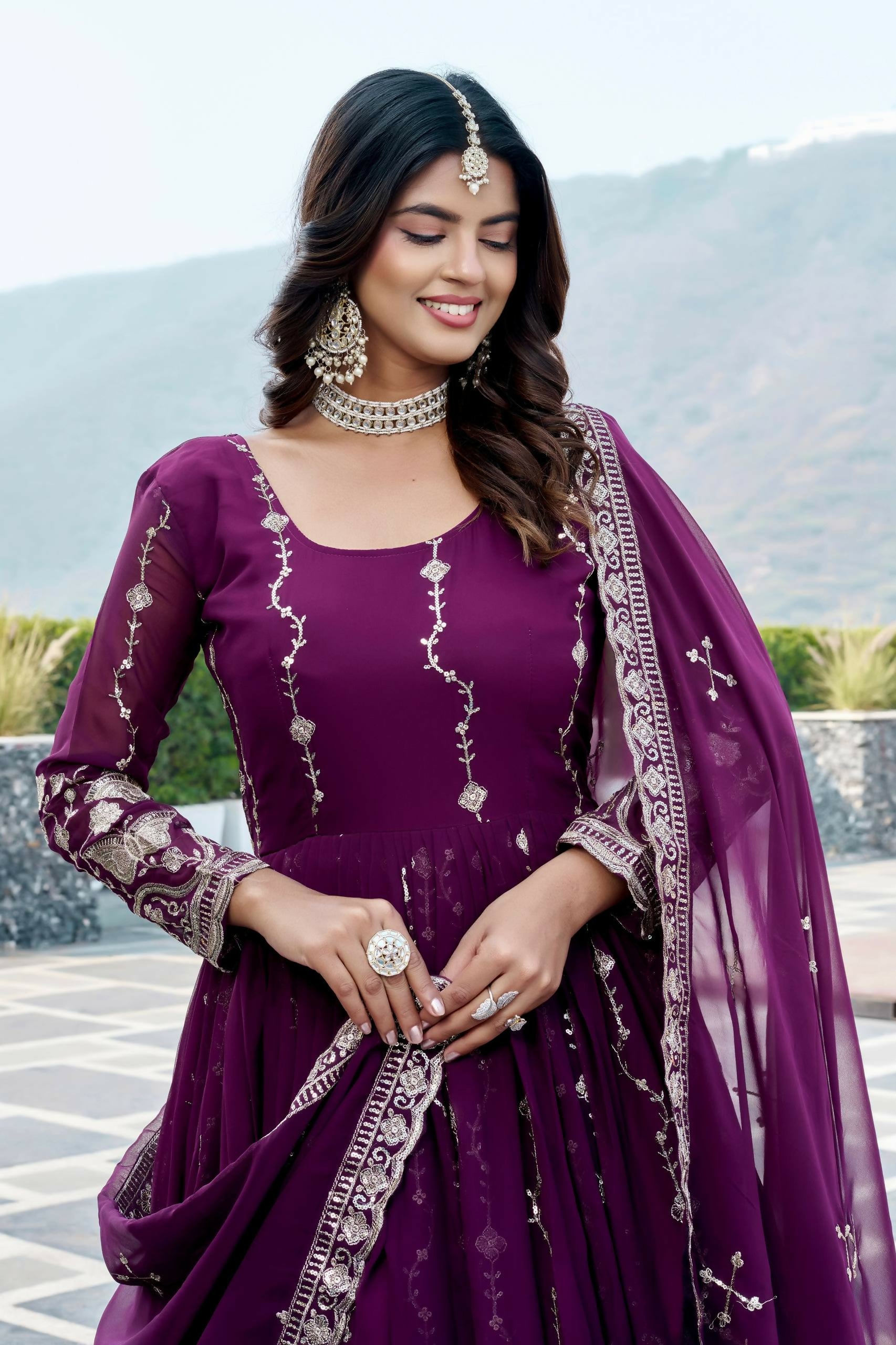 Teeya Creation Womens New Trendy Heavy Cording Sequence & Beads Embroidery Work Purple Gown Set - Dista