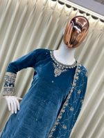Thumbnail for Vastranavya Sea Blue Velvet Sequence Embroidery Work Kurta & Bottom With Dupatta - Distacart