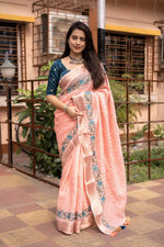 Thumbnail for Pink Pure Linen Woven Design Saree with Unstitched Blouse - A2M