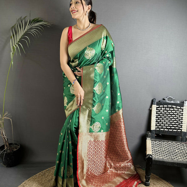 Joban Fashion Bottle Green Woven Butti Soft Silk Banarasi Silk Saree - Distacart