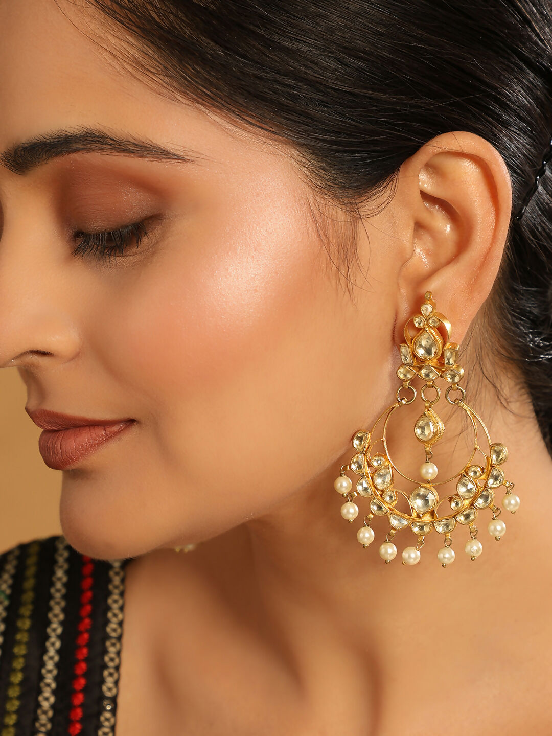 Nuyug 22K Gold Plated Kundan Studded Contemporary Shaped Pearl Drop Chandbalis
