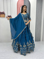 Thumbnail for Teeya Creation Blue Color Chinon Silk Embroidery Work Fully Stitched Lehenga Choli - Distacart