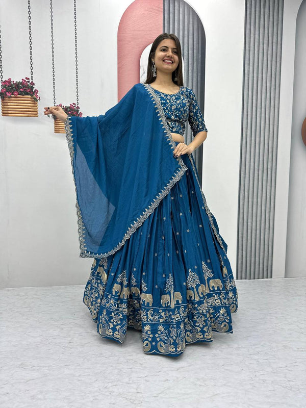 Teeya Creation Blue Color Chinon Silk Embroidery Work Fully Stitched Lehenga Choli - Distacart