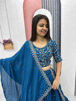 Thumbnail for Teeya Creation Blue Color Chinon Silk Embroidery Work Fully Stitched Lehenga Choli - Distacart