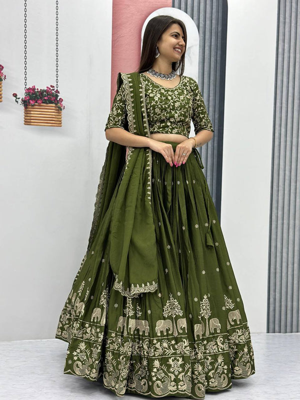 Teeya Creation Green Color Chinon Silk Embroidery Work Fully Stitched Lehenga Choli - Distacart