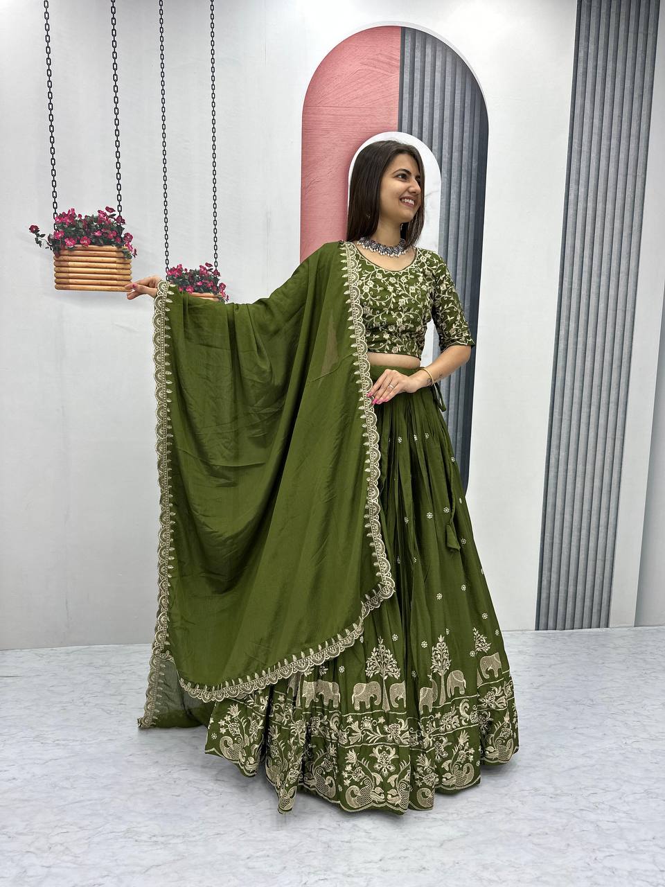 Teeya Creation Green Color Chinon Silk Embroidery Work Fully Stitched Lehenga Choli - Distacart