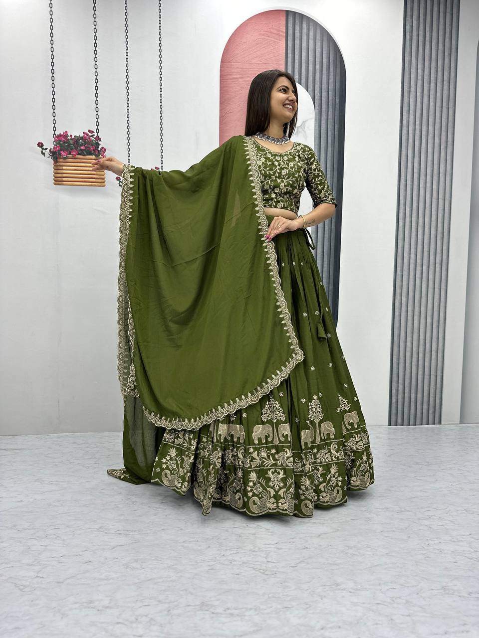 Teeya Creation Green Color Chinon Silk Embroidery Work Fully Stitched Lehenga Choli - Distacart
