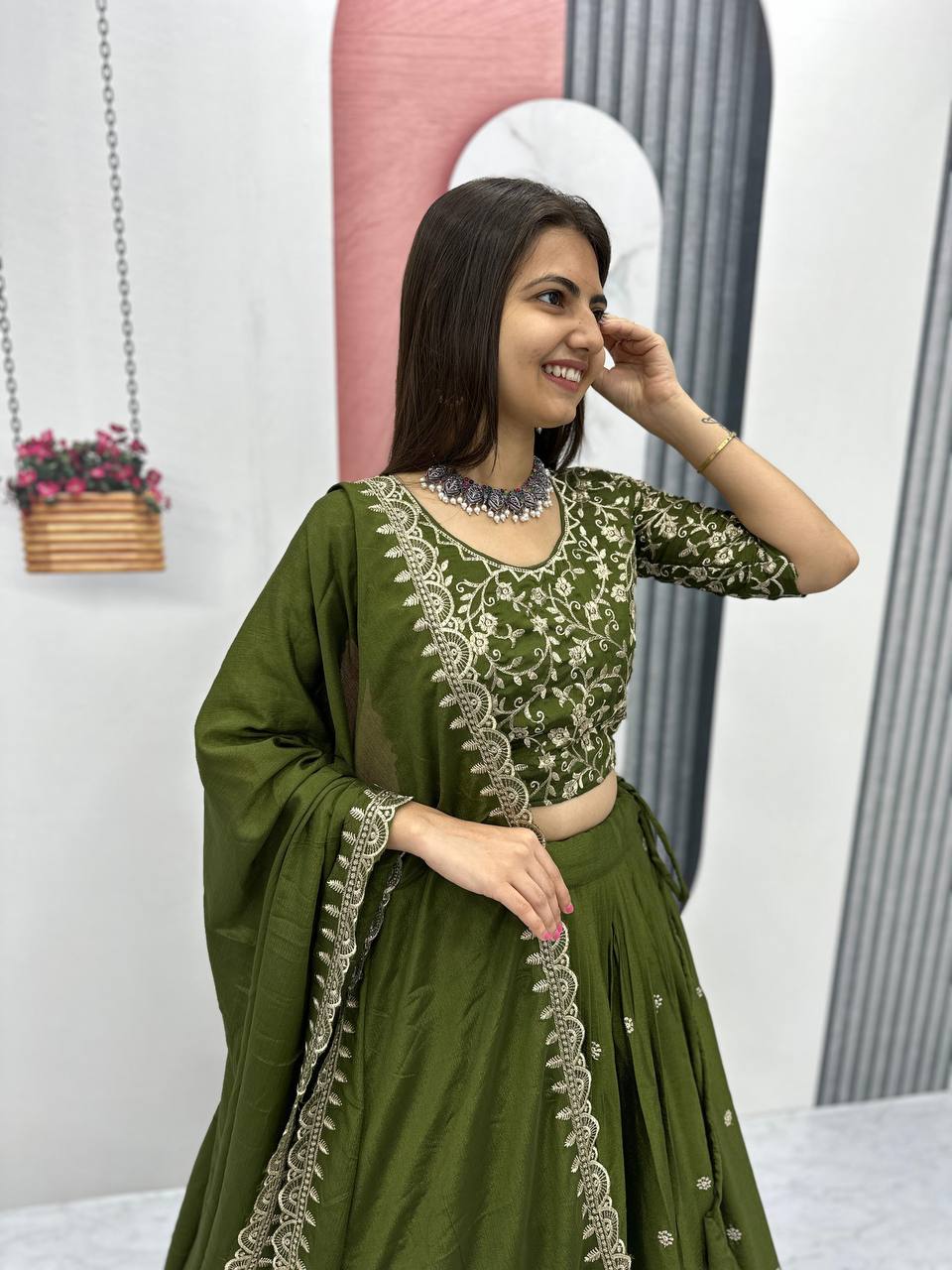 Teeya Creation Green Color Chinon Silk Embroidery Work Fully Stitched Lehenga Choli - Distacart