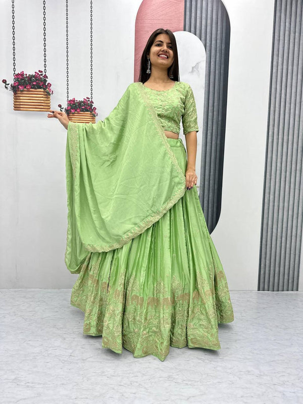 Teeya Creation Parrot Green Color Chinon Silk Embroidery Work Fully Stitched Lehenga Choli - Distacart