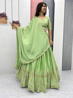 Thumbnail for Teeya Creation Parrot Green Color Chinon Silk Embroidery Work Fully Stitched Lehenga Choli - Distacart