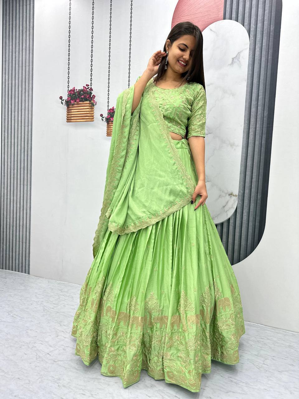 Teeya Creation Parrot Green Color Chinon Silk Embroidery Work Fully Stitched Lehenga Choli - Distacart