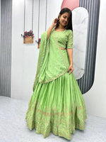 Thumbnail for Teeya Creation Parrot Green Color Chinon Silk Embroidery Work Fully Stitched Lehenga Choli - Distacart
