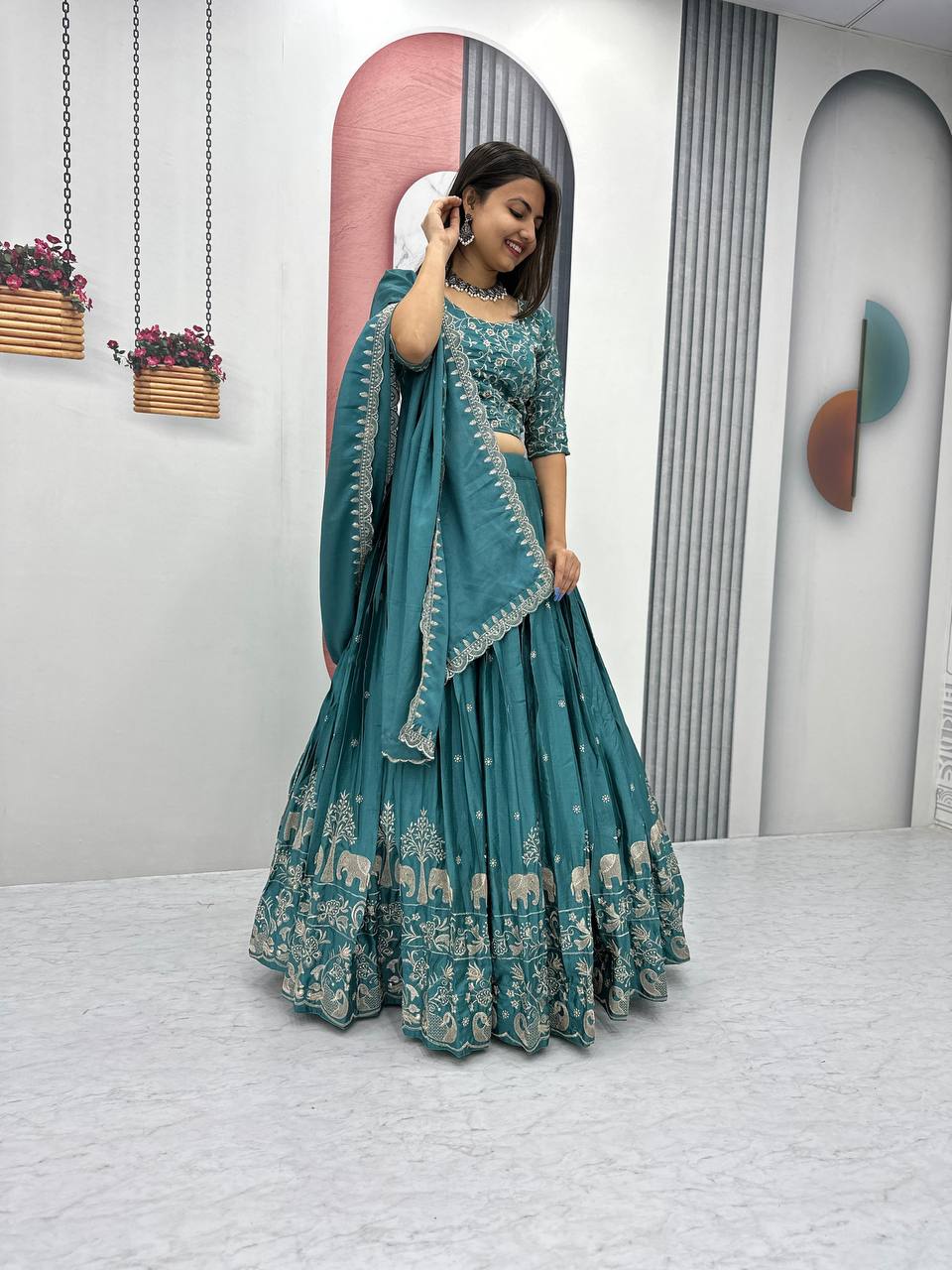 Teeya Creation Teal Color Chinon Silk Embroidery Work Fully Stitched Lehenga Choli - Distacart