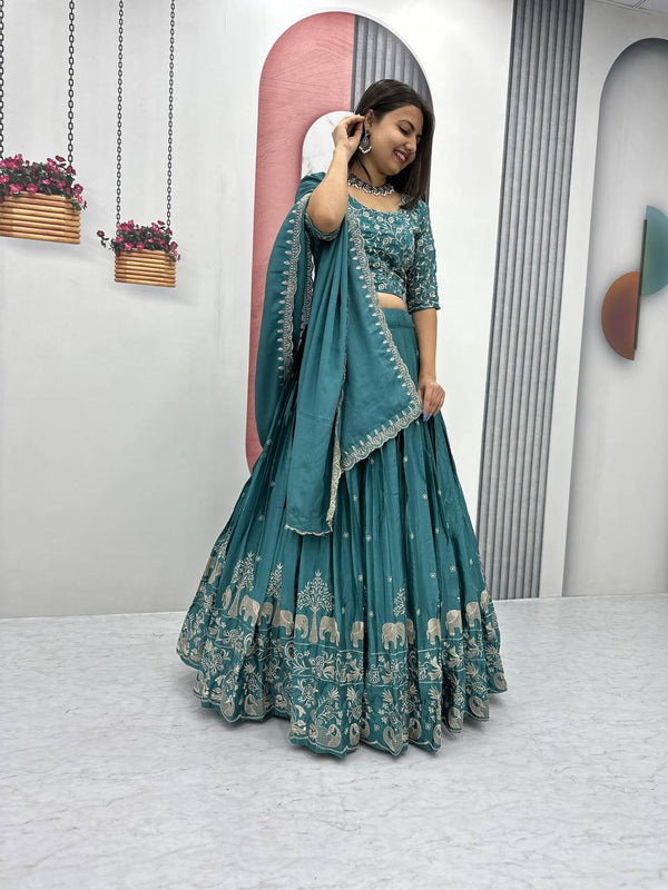 Teeya Creation Teal Color Chinon Silk Embroidery Work Fully Stitched Lehenga Choli - Distacart