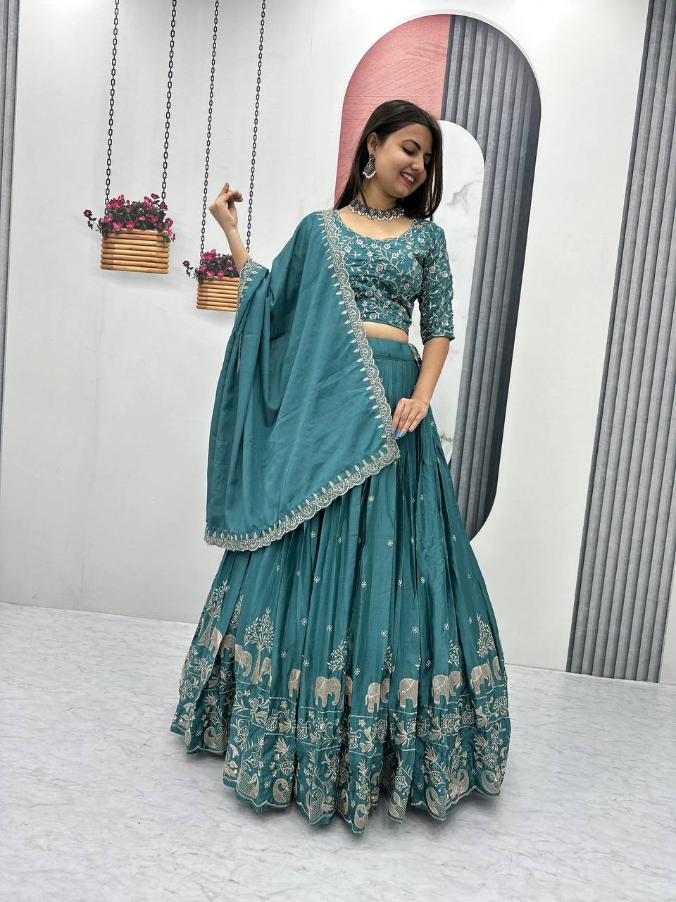 Teeya Creation Teal Color Chinon Silk Embroidery Work Fully Stitched Lehenga Choli - Distacart
